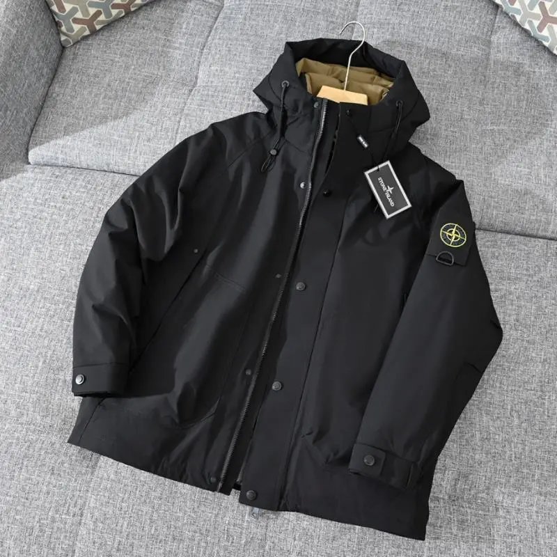 Stone Island Black Waterproof Jacket with Hood and Logo Patch