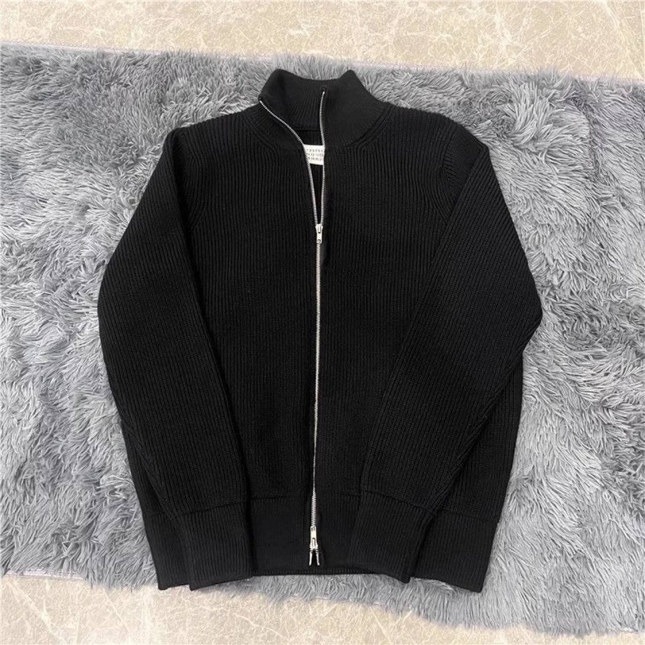 Men's Black Ribbed Zip-Up Sweater Jacket