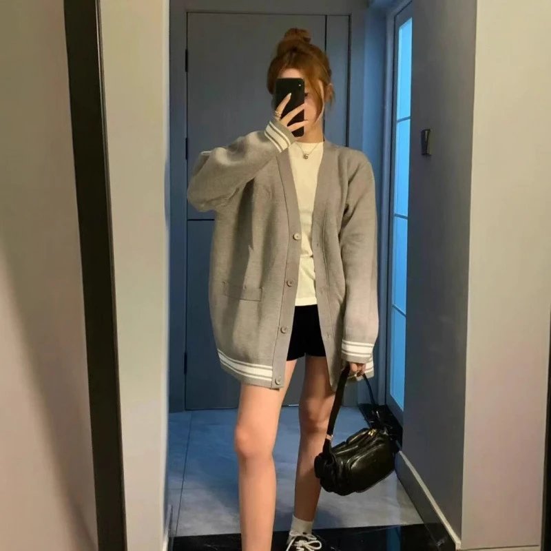 Gray Knit Cardigan Sweater for Women Casual Oversized Long Sleeve