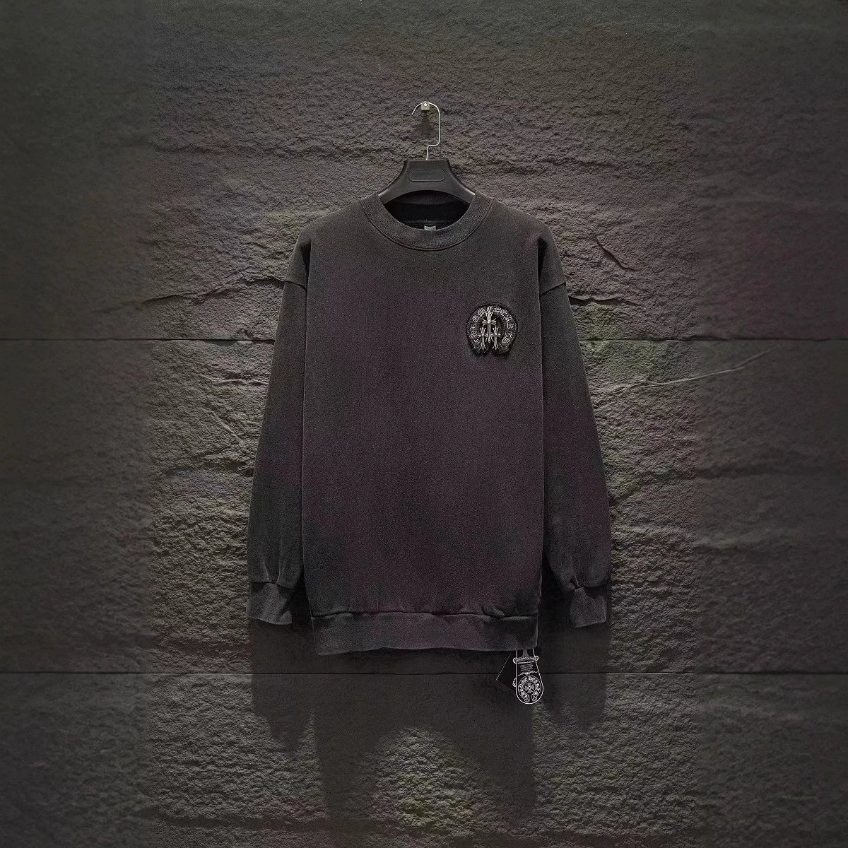 Black Crewneck Sweatshirt with Embroidered Logo Design