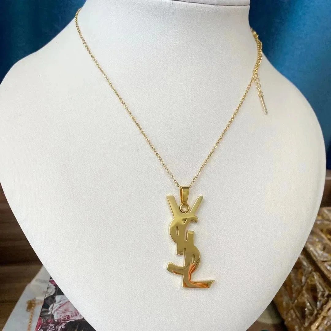 Gold YSL Logo Pendant Necklace for Women Fashion Statement Jewelry