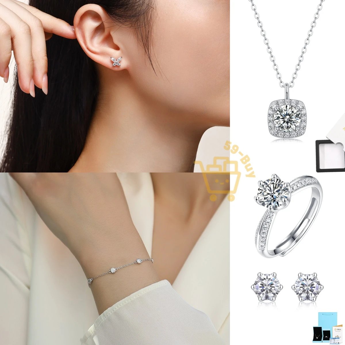 Elegant Diamond Jewelry Set with Ring Necklace Earrings Bracelet