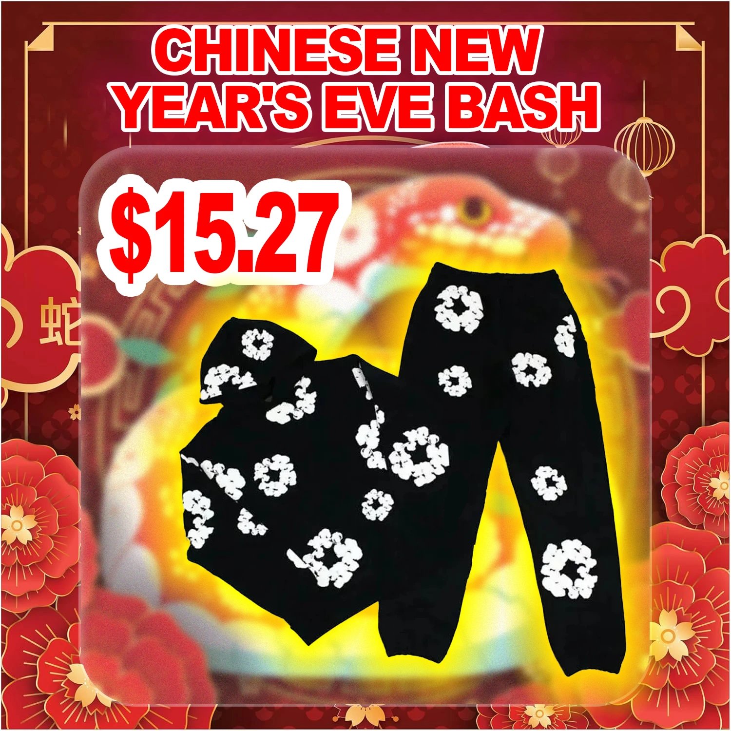 Black Floral Print Pajama Set for Chinese New Year's Eve Bash