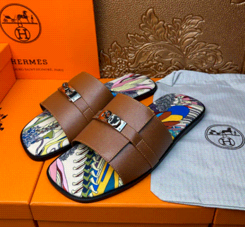 Hermes Brown Leather Slide Sandals with Colorful Insole