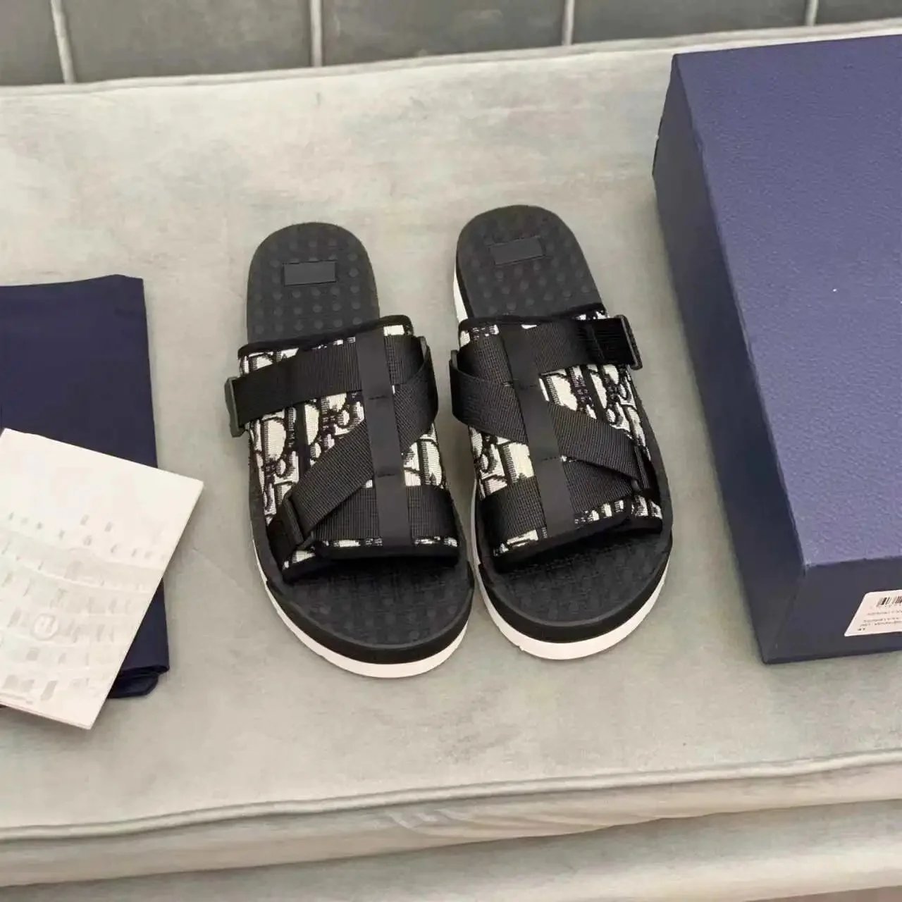 Dior Oblique Print Slide Sandals Black White