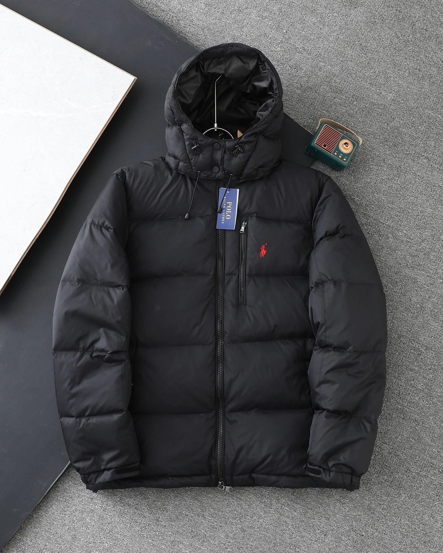 Men's Black Hooded Down Jacket with Red Pony Logo