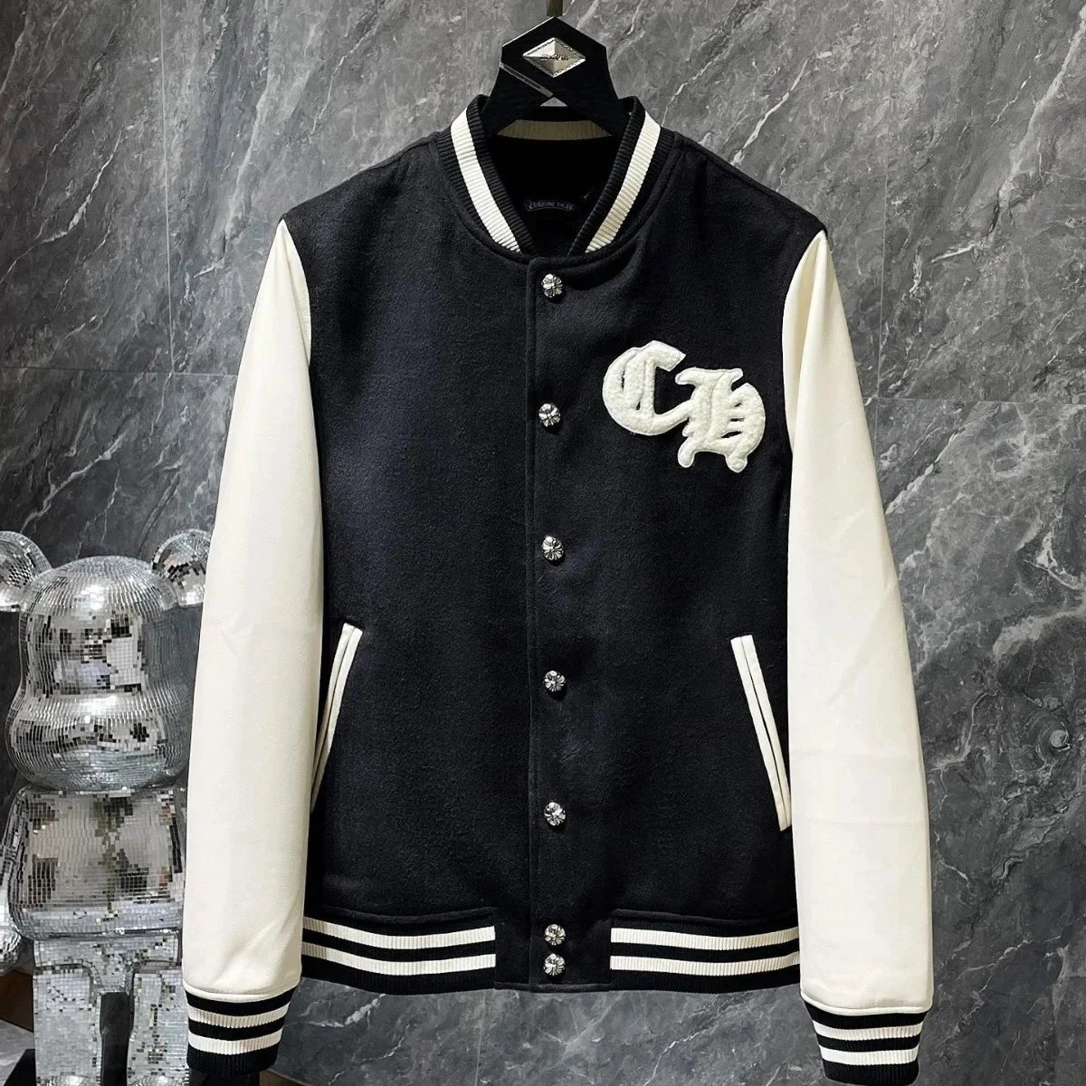 CJ Black and Cream Varsity Jacket with Embroidered Logo
