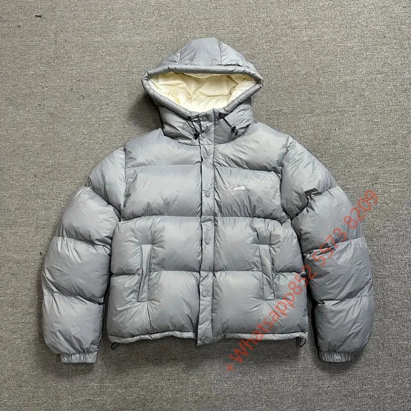 Light Gray Down Puffer Jacket with Hood for Winter Warmth