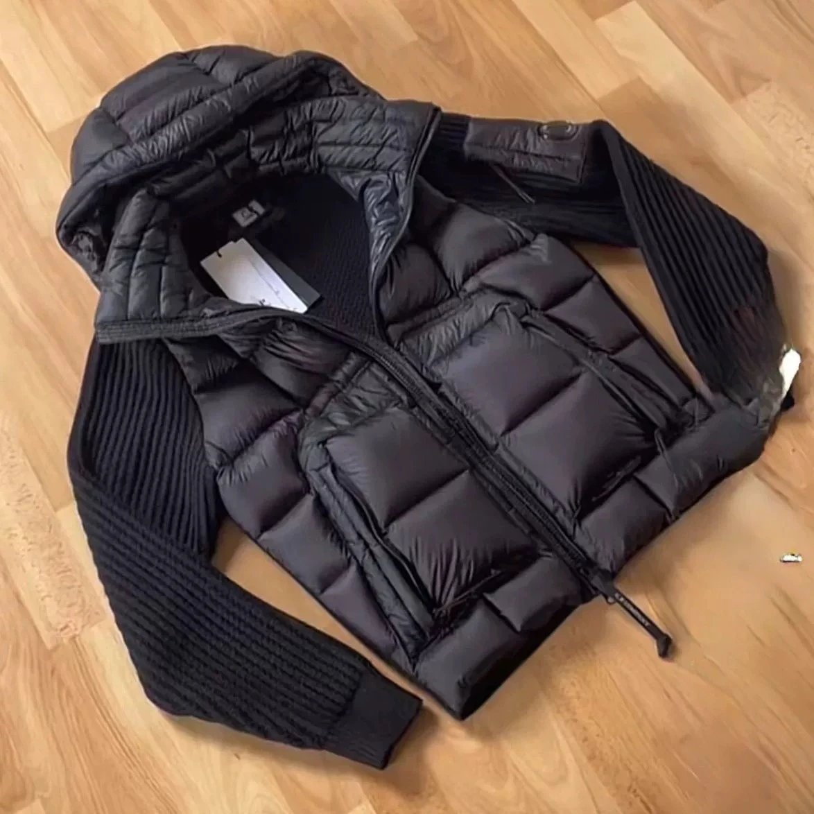 Black Quilted Down Jacket with Knit Sleeves