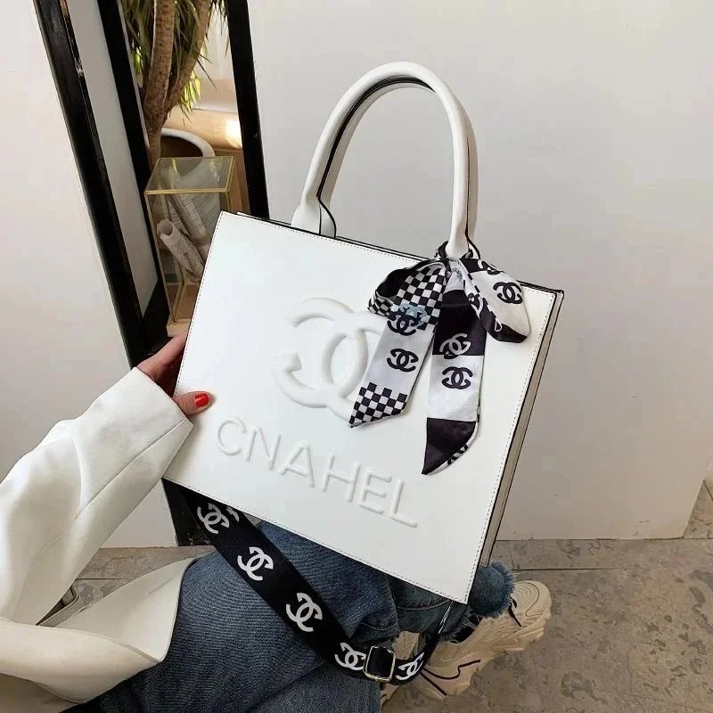 Chanel White Tote Bag with Logo and Scarf