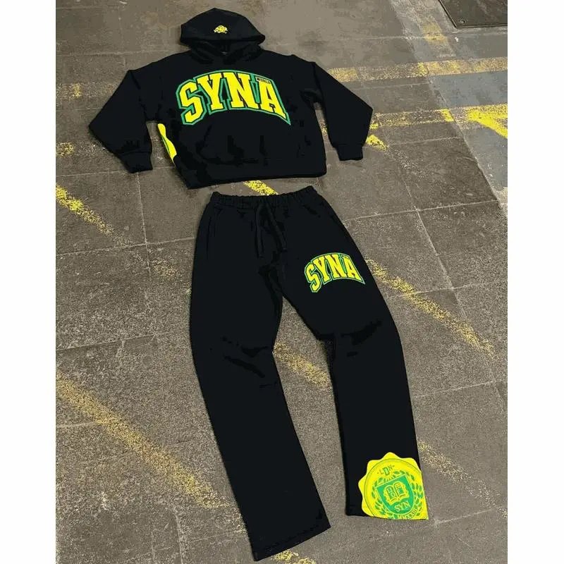 SYNA Black and Neon Green Hoodie and Pants Set
