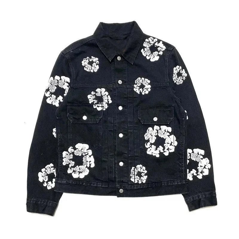 Black Floral Denim Jacket with White Pattern Print