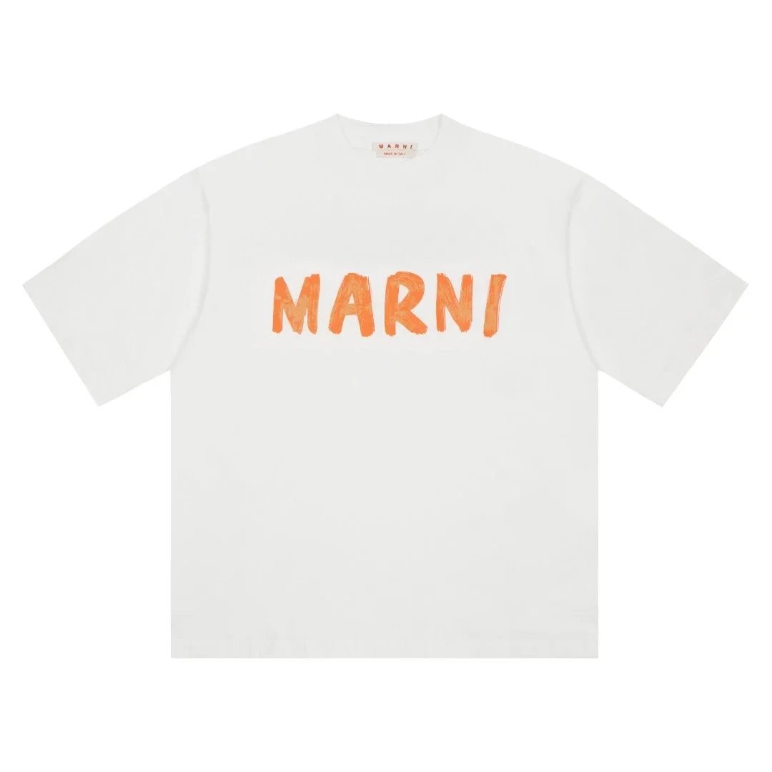 MARNI White Logo T-Shirt with Orange Print