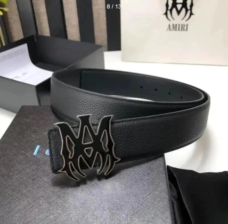 AMIRI Black Leather Belt with Logo Buckle