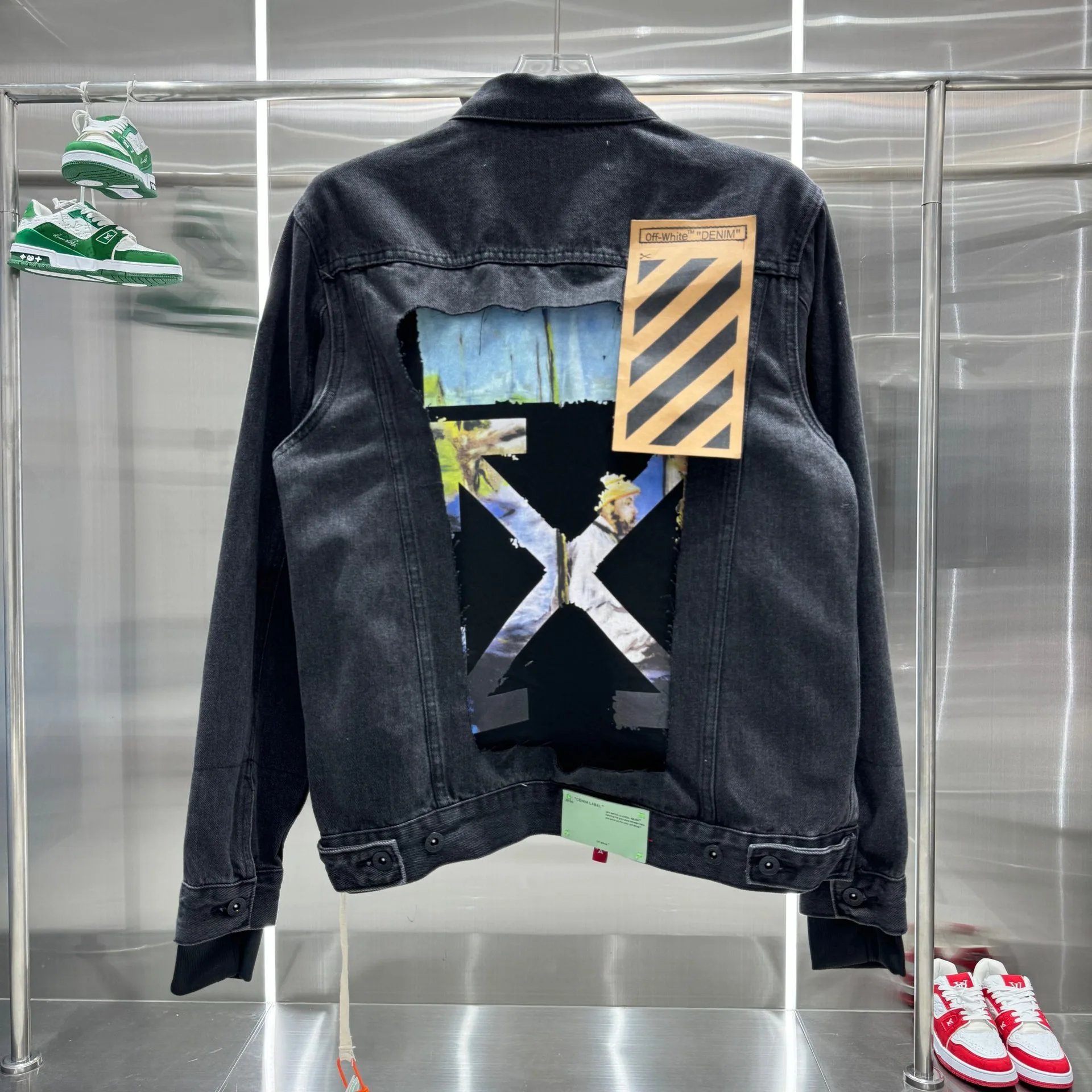 Off-White Denim Jacket with Art Print and Diagonal Stripe Patch
