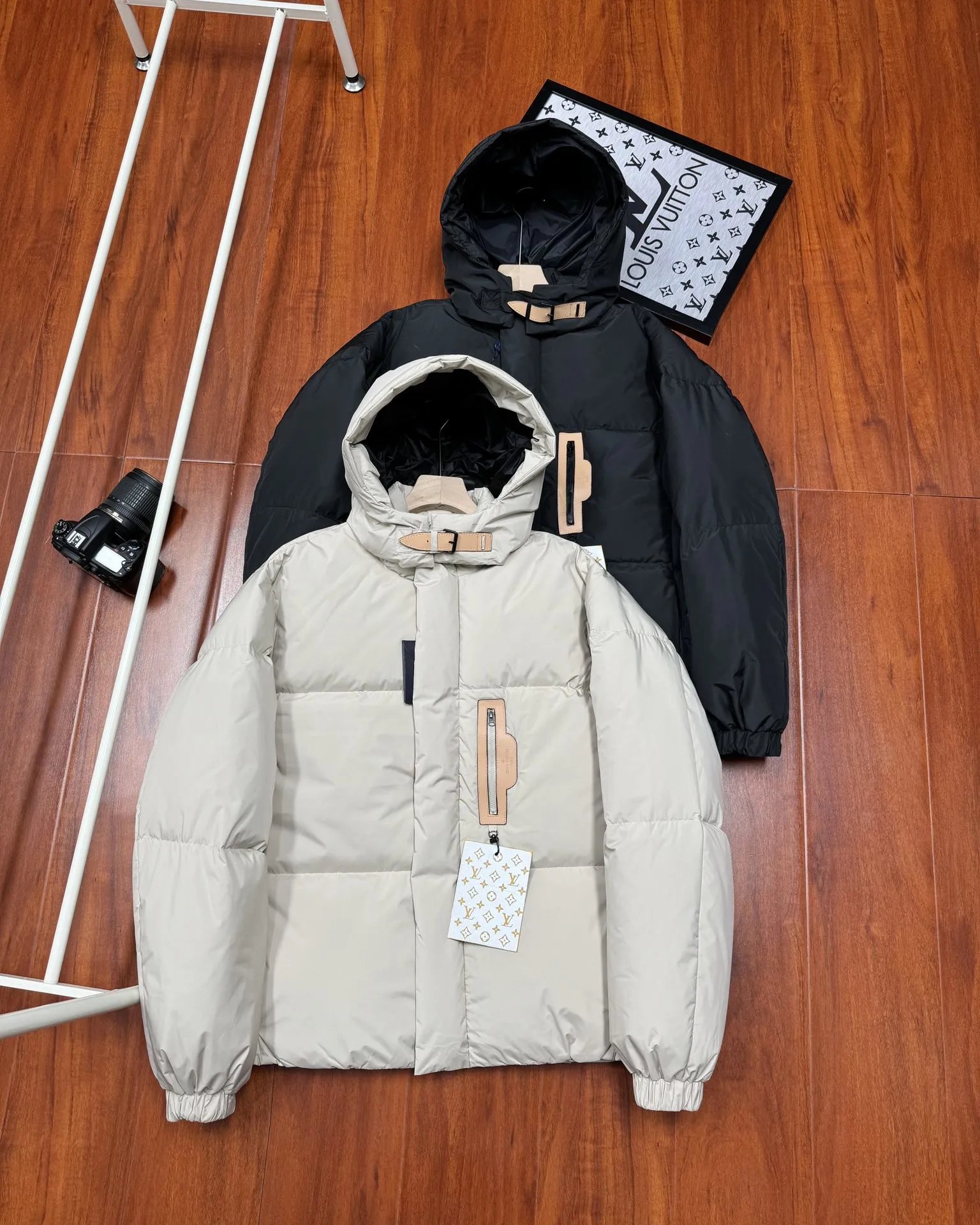 Louis Vuitton Beige Puffer Jacket with Hood and Monogram Tag