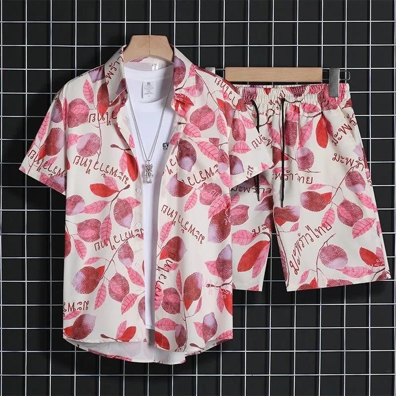 Men's Floral Print Short Sleeve Shirt and Shorts Set Summer Casual Outfit