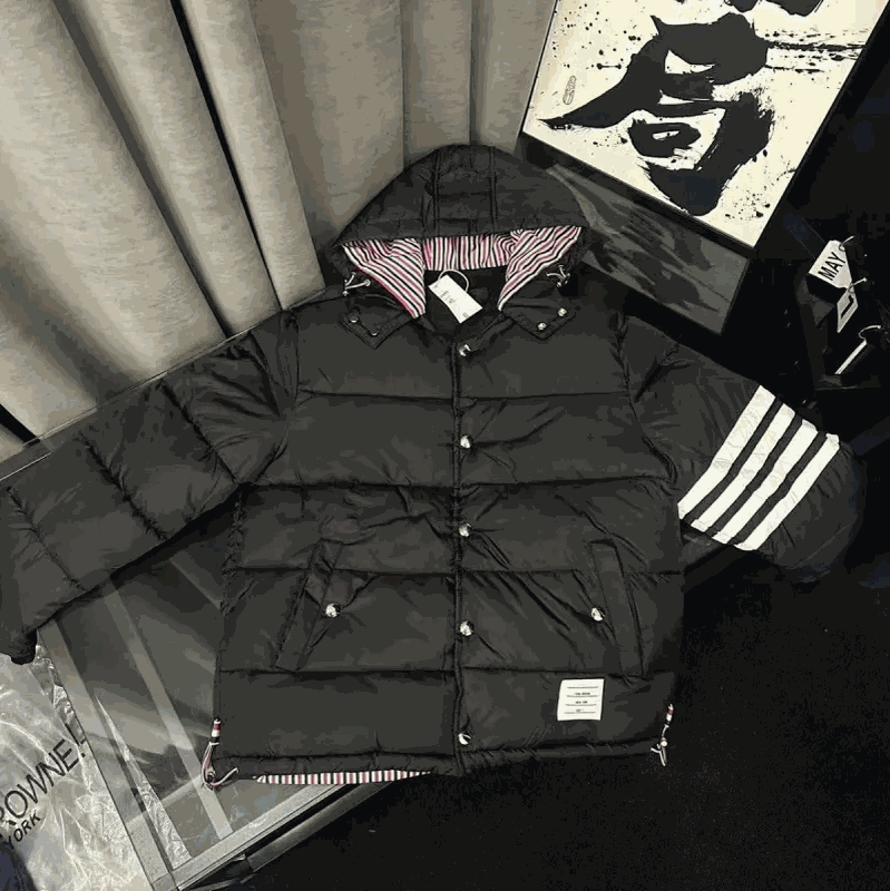 Men's Black Down Jacket with Hood and Striped Lining