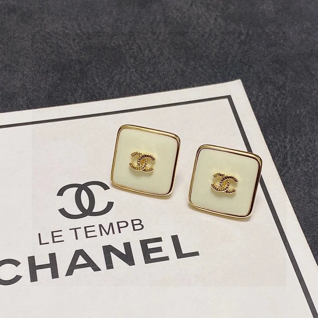 Chanel Square Logo Stud Earrings Gold Tone
