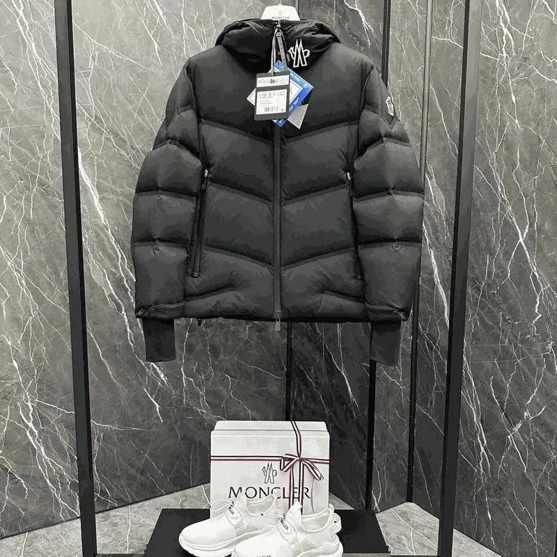 Moncler Black Down Jacket with Hood and Logo Patch