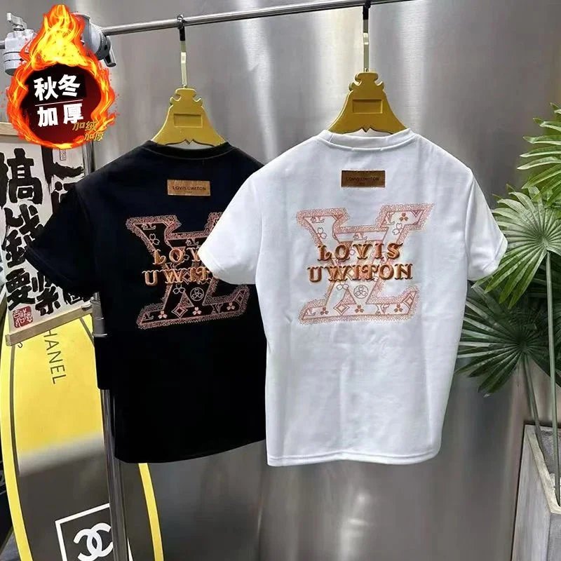 LOVIS UWIFON Autumn Winter Thickened T-Shirt Men's Fashion Logo Print Short Sleeve Tee