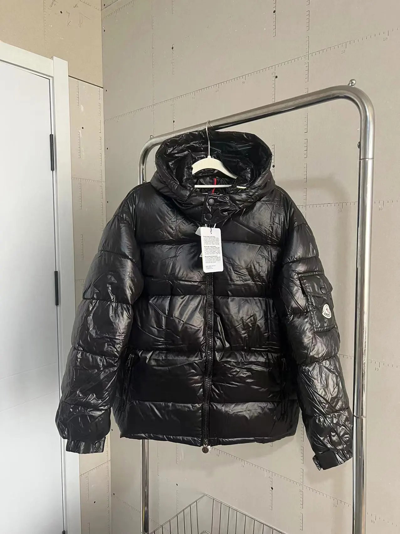 Moncler Black Down Jacket with Hood and Logo Patch