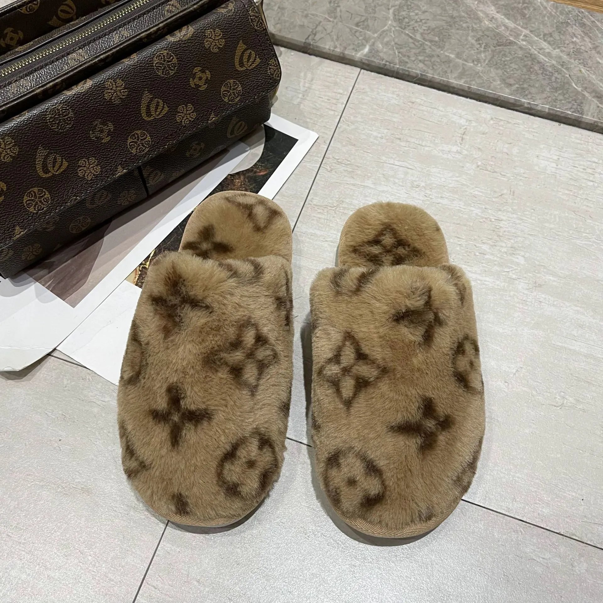 Luxury Faux Fur Slippers with Monogram Pattern