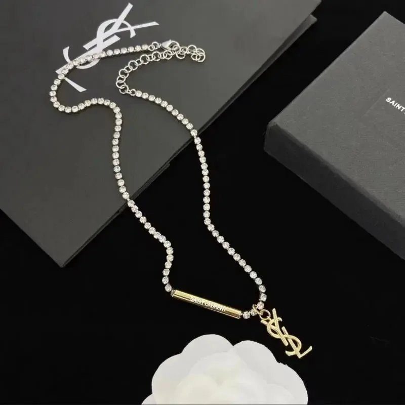 Saint Laurent Crystal Pendant Necklace with YSL Logo
