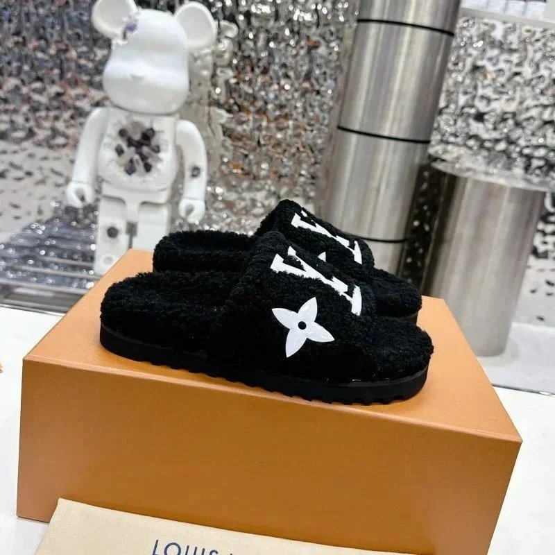 Louis Vuitton Black Fuzzy Slides with Monogram Logo