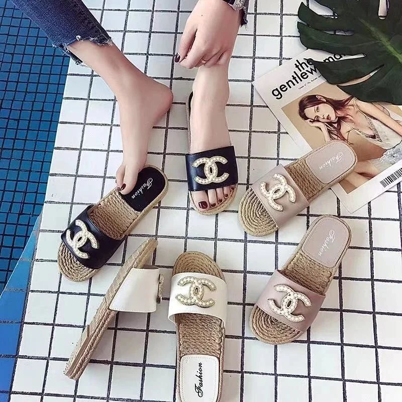 Chanel Style Pearl Logo Slides Women's Flat Sandals Summer Fashion Slip-Ons
