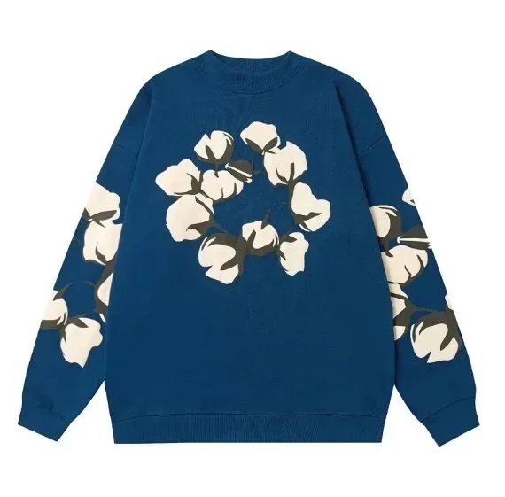 Cotton Floral Knit Sweater Blue Women's Fashion