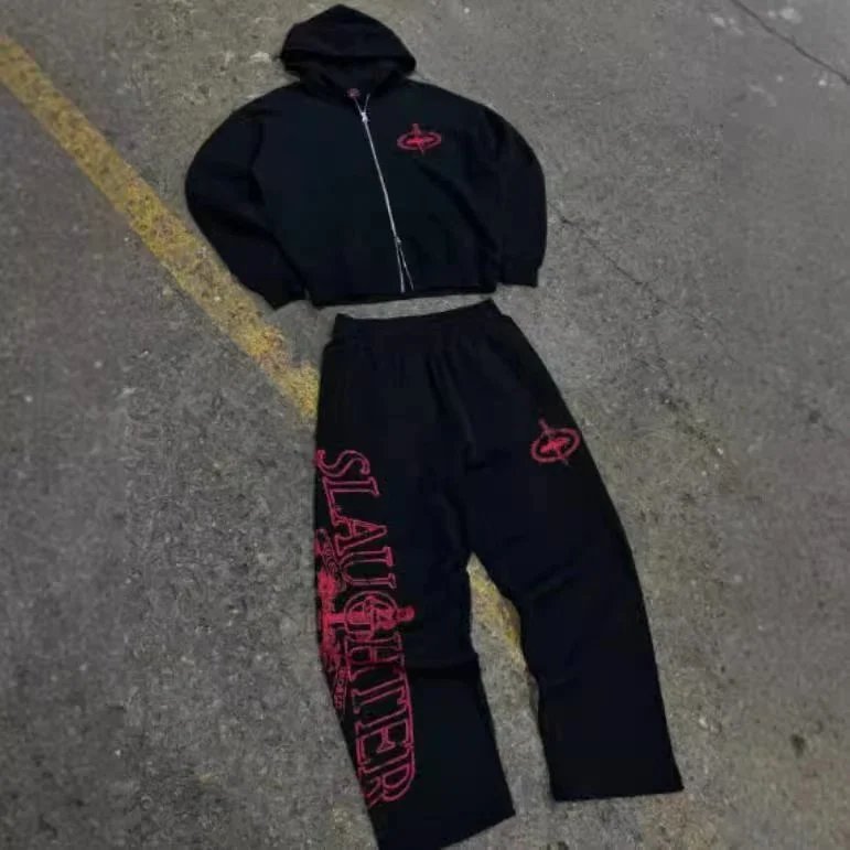 Black Red Logo Hoodie and Pants Set for Men Women Streetwear Outfit