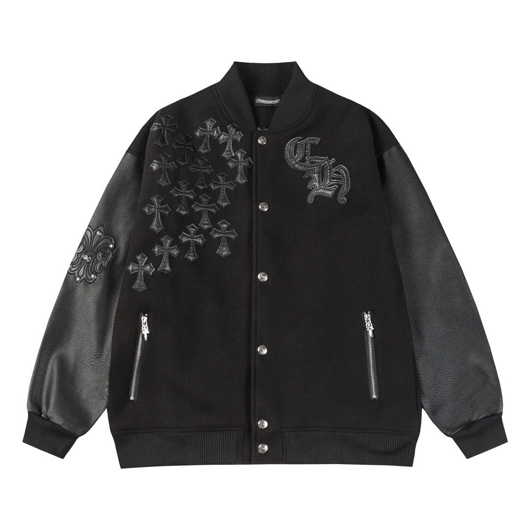 Black Embroidered Cross Varsity Jacket with Leather Sleeves