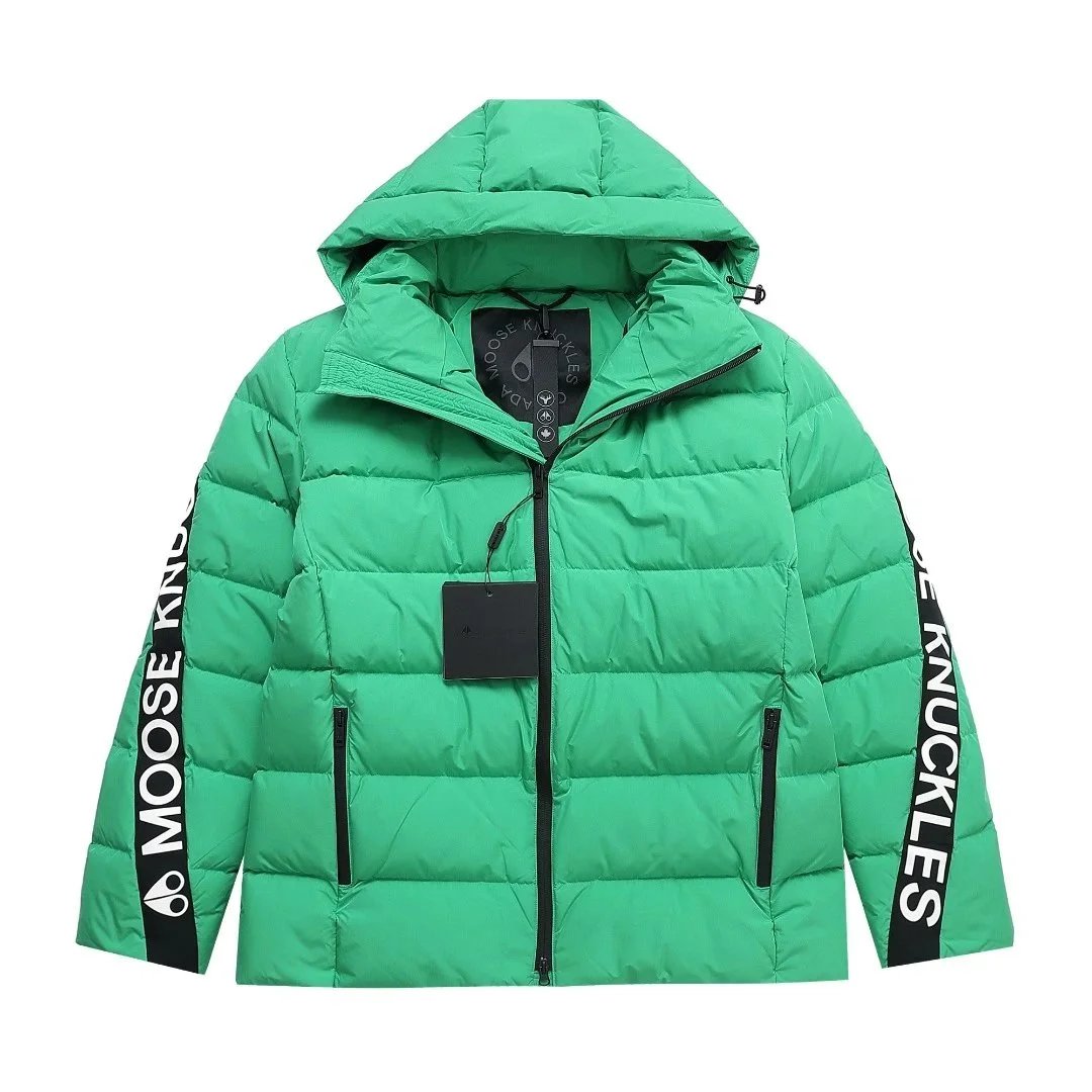Moose Knuckles Green Puffer Jacket with Hood and Logo Sleeves