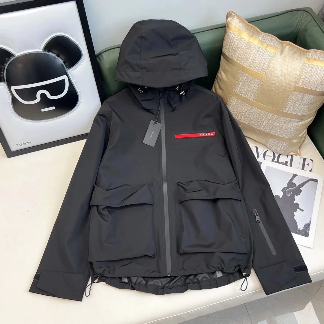 Prada Black Hooded Jacket with Red Logo Stripe