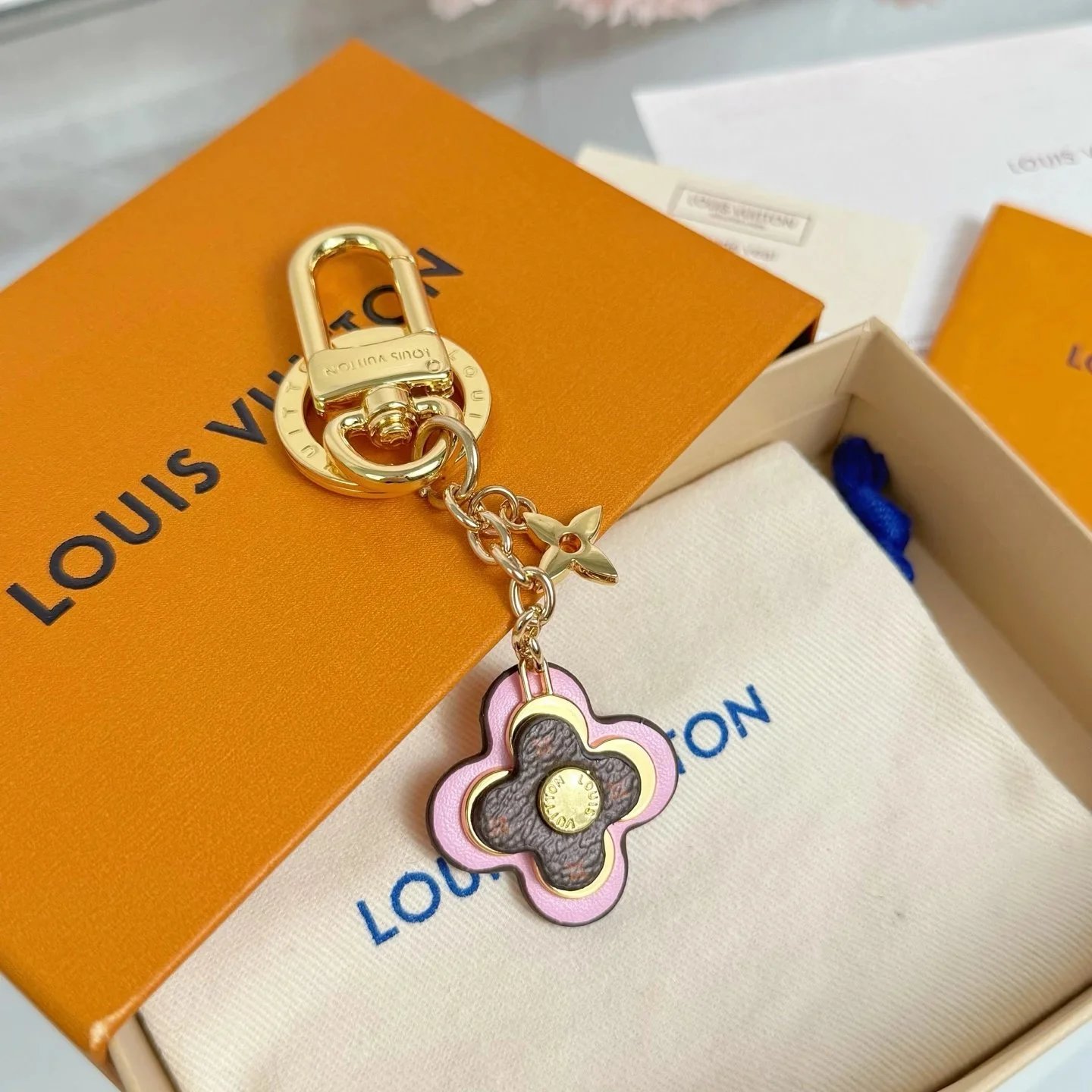 Louis Vuitton Flower Keychain with Gold Hardware and Pink Accents