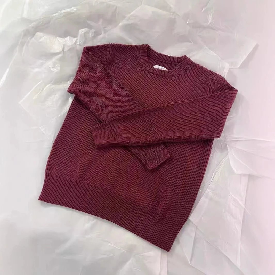 Ribbed Knit Sweater Burgundy Women's Casual Long Sleeve Top