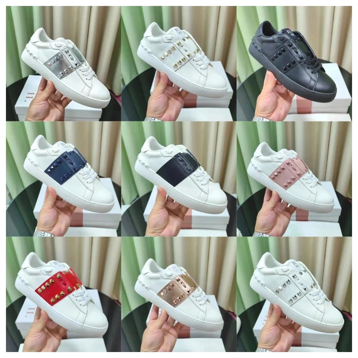 Valentino Rockstud Leather Sneakers White Black Red Blue Pink Gold Silver