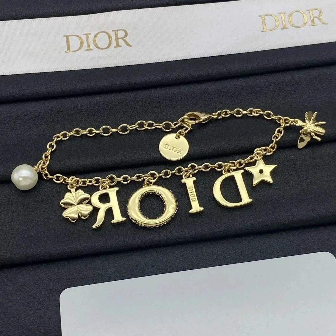 Dior Gold Charm Bracelet with Logo Letters and Pearl