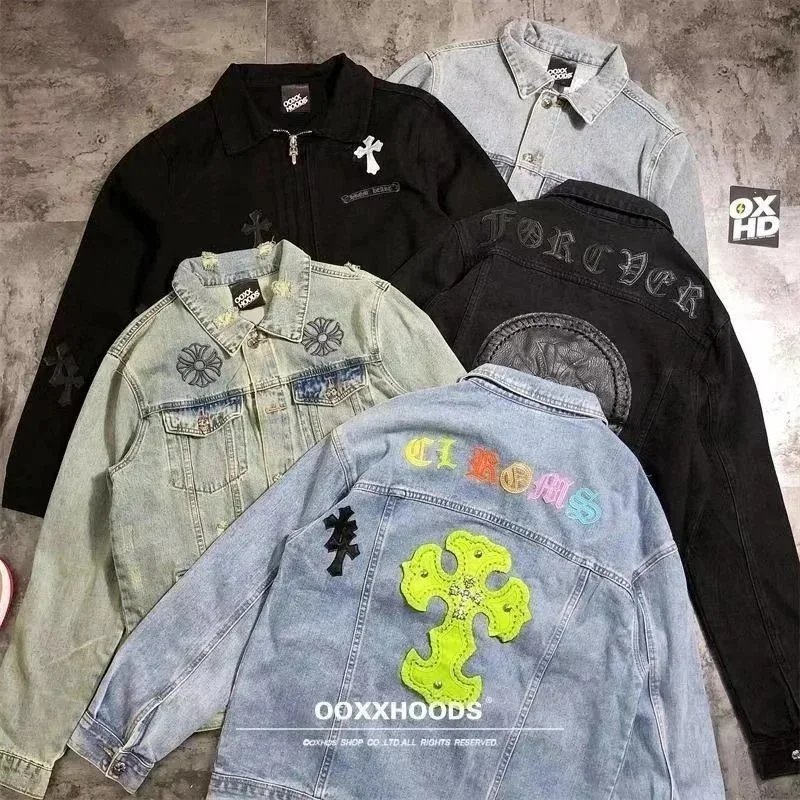OOXXHOODS Denim Jacket with Cross Embroidery and Rainbow Logo