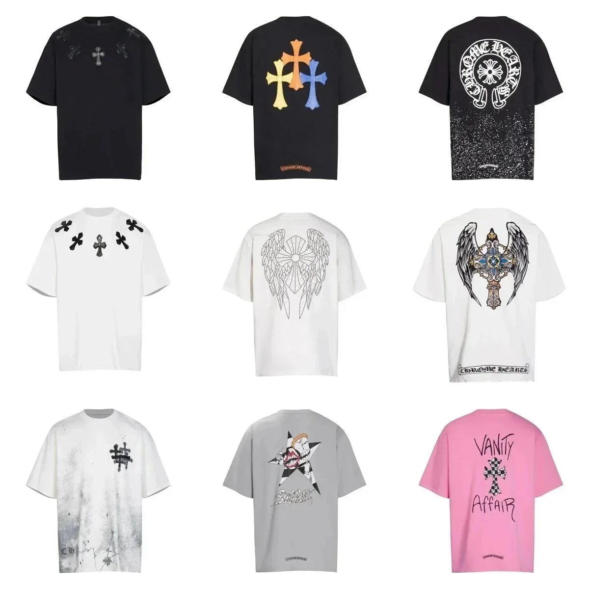Chrome Hearts T-Shirts with Cross and Angel Wing Designs