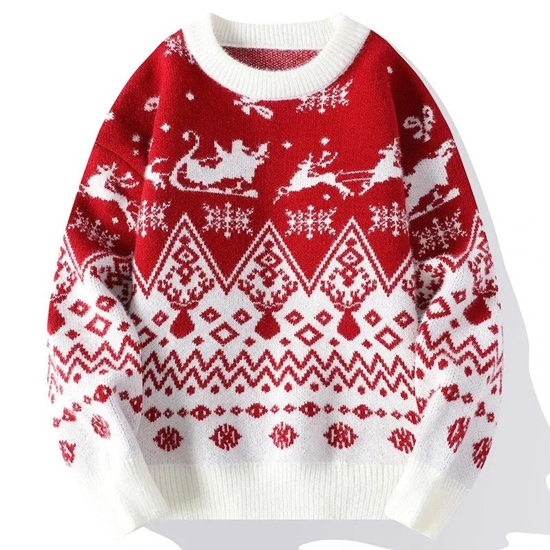 Red Christmas Sweater with Reindeer and Snowflake Pattern