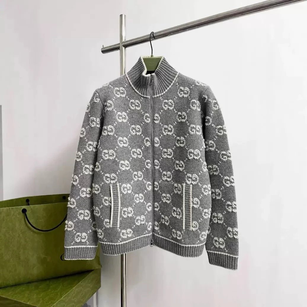 Gucci GG Monogram Knit Zip-Up Jacket Grey