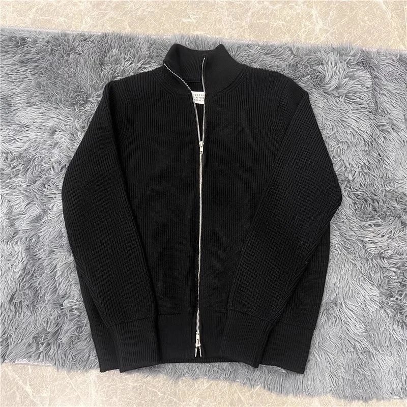 Black Ribbed Zip-Up Knit Sweater Jacket for Men and Women
