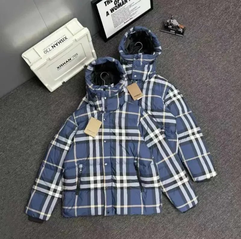 Plaid Down Jacket for Men and Women Winter Warm Coat Hooded Outwear