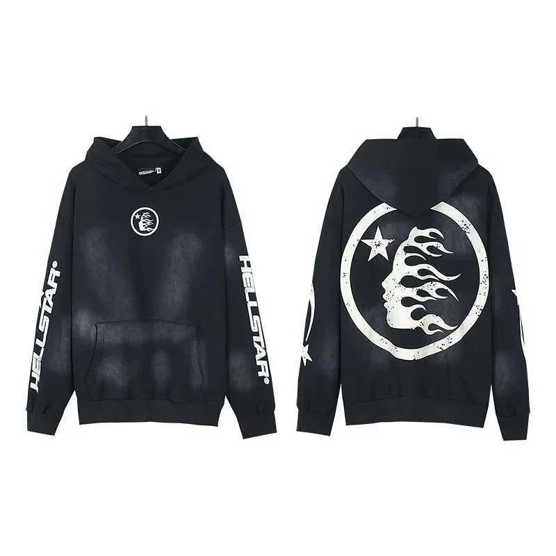 HELLSTAR Black Hoodie with Moon and Flame Design