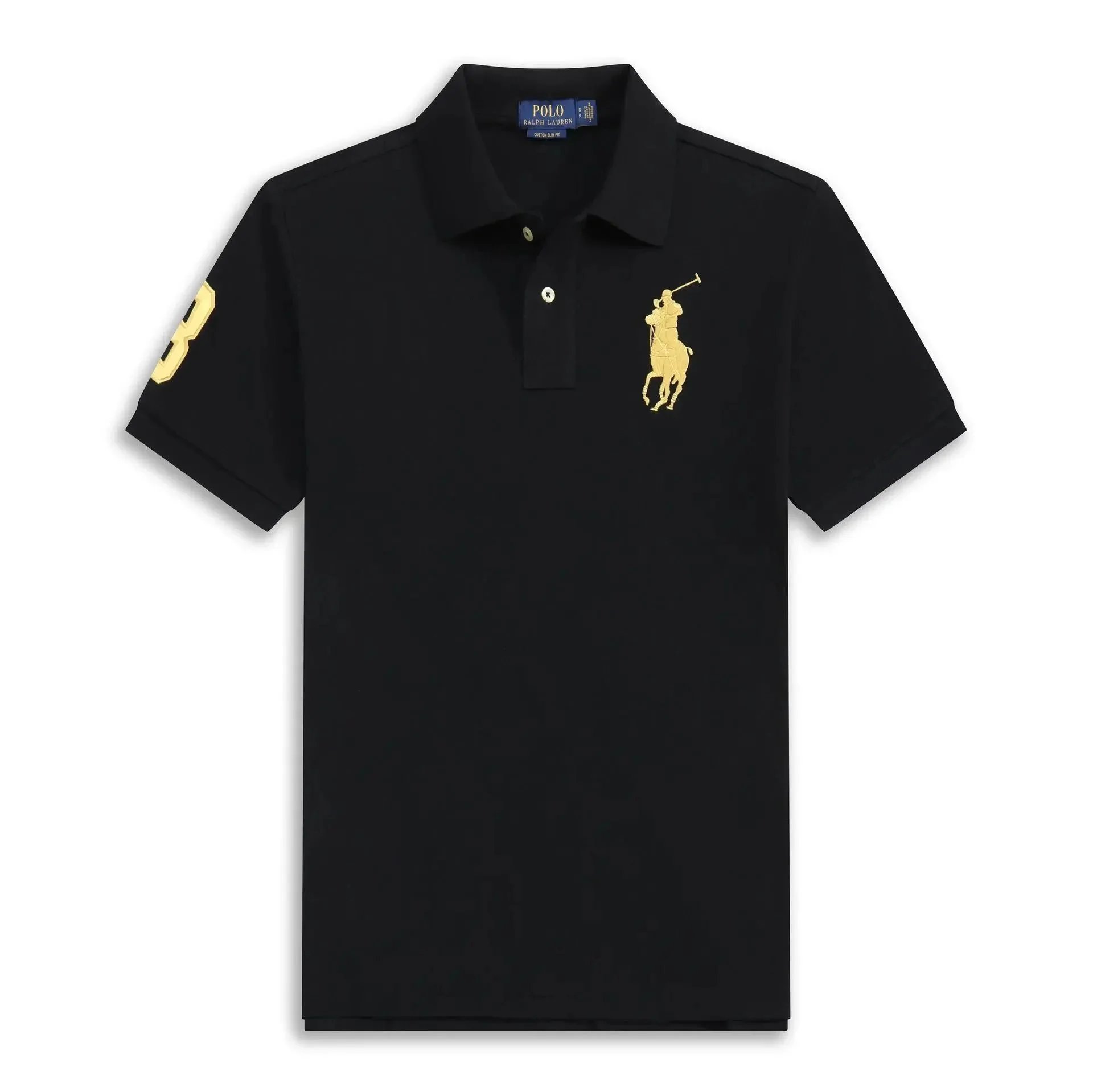Black Polo Shirt with Gold Big Pony Logo and Number 8 Sleeve
