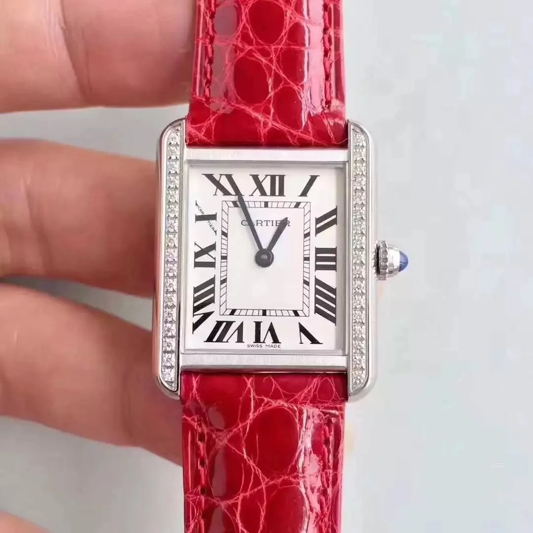 Cartier Tank Watch with Diamond Bezel and Red Alligator Strap