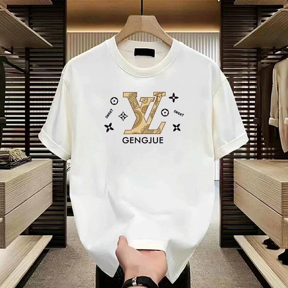 Luxury Style White T-Shirt with Gold LV Logo Print for Men