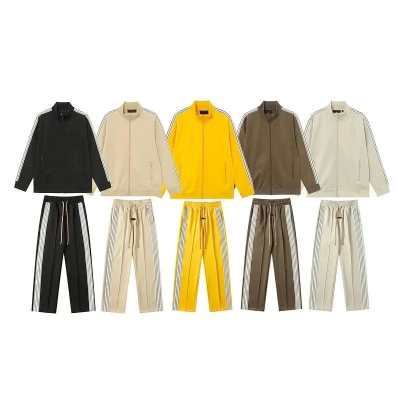 Men's Track Suit Set with Zip-Up Jacket and Striped Pants